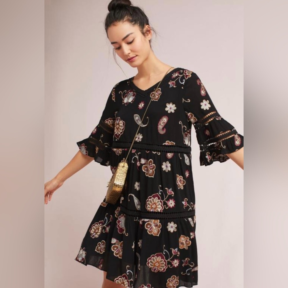 Anthropologie Eri + Ali Kaley black embroidered floral swing dress size small